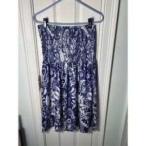 Blue White Floral Smocked Strapless Tube Dress Tropical Beach Cover Up Sundress